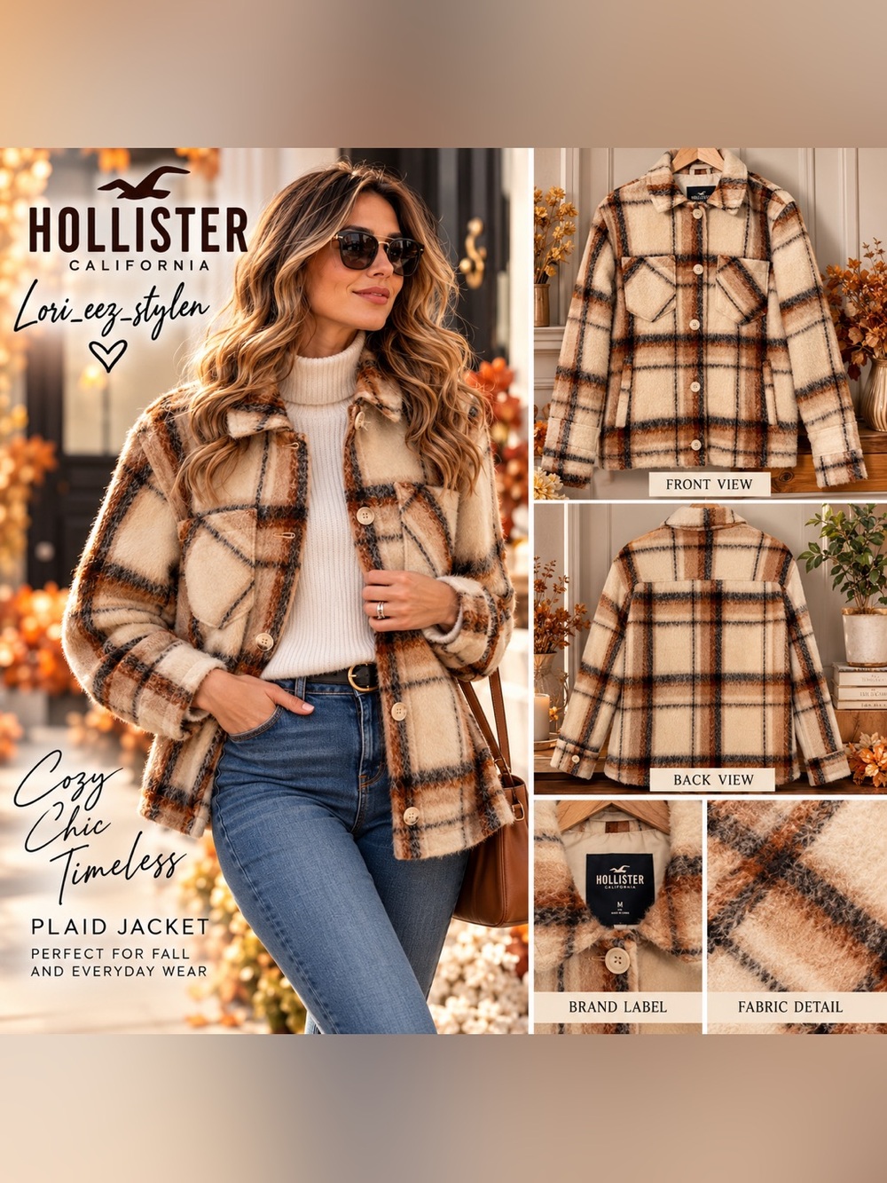 Hollister Cream & Brown Plaid Teddy Shacket
